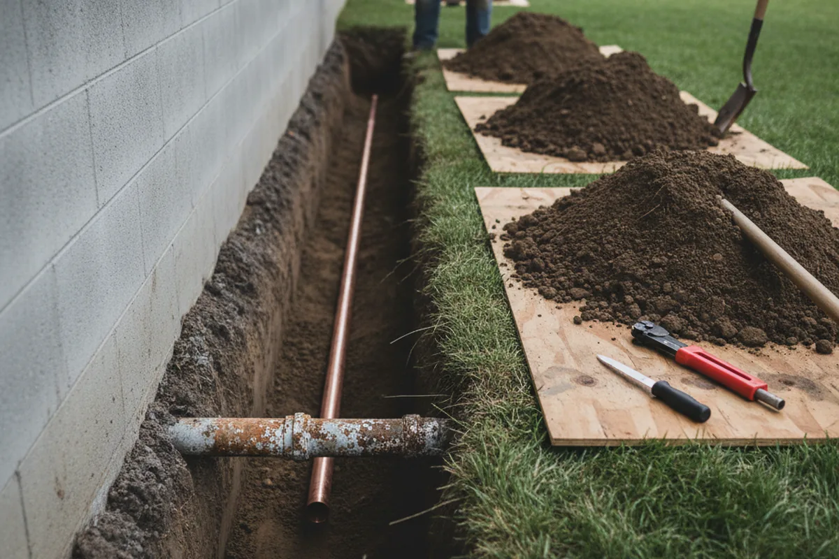 Excavated water line trench during Sewer Line Repair in Lakewood